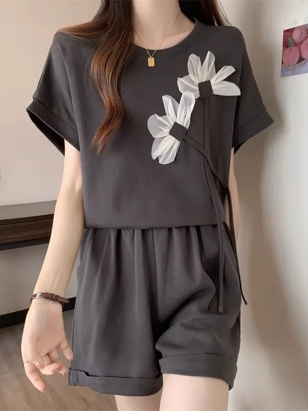 Summer Casual Short Sleeve Shorts Women's plus Size Fashionable Two-Piece Set Belly Cover Slimming Cool Sweet Style