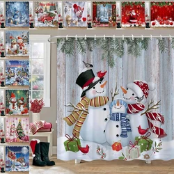 Christmas Snowman Shower Curtain Merry Santa Elf Deer Red Truck Polyester Fabric Printed Bath Curtains Bathroom Decor with Hooks