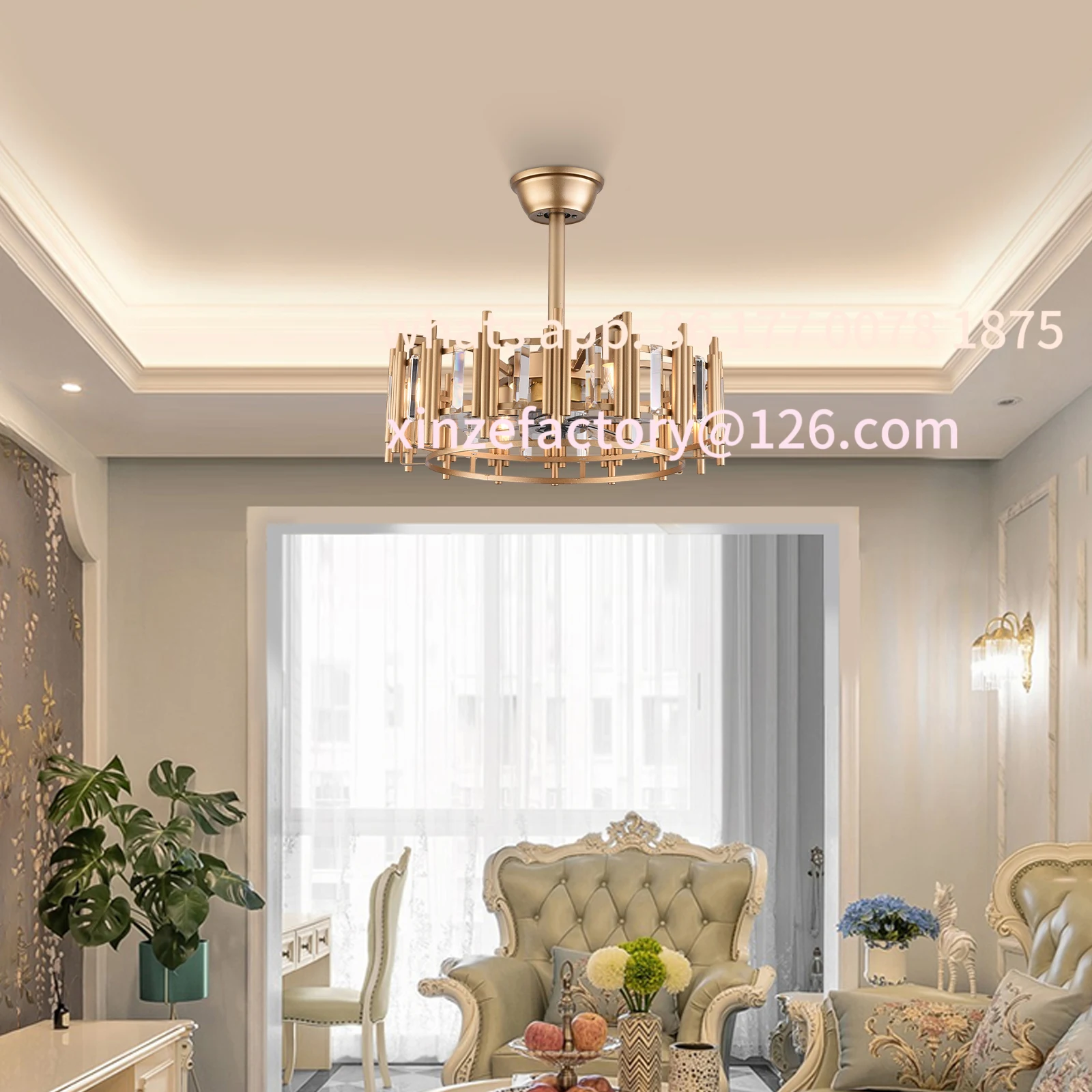 Customizable 20'' Gold Caged Ceiling Fan with Lights and Remote Farmhouse 3-Speed Fandelier Pendant Light Modern Enclosed Crysta