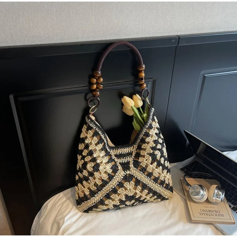 Hohl gestrickte Häkel-Schultertasche, Damen Casual Colorblock Handtasche für den Arbeitsweg, Leichte Sommer-Reisetasche – Detail 4