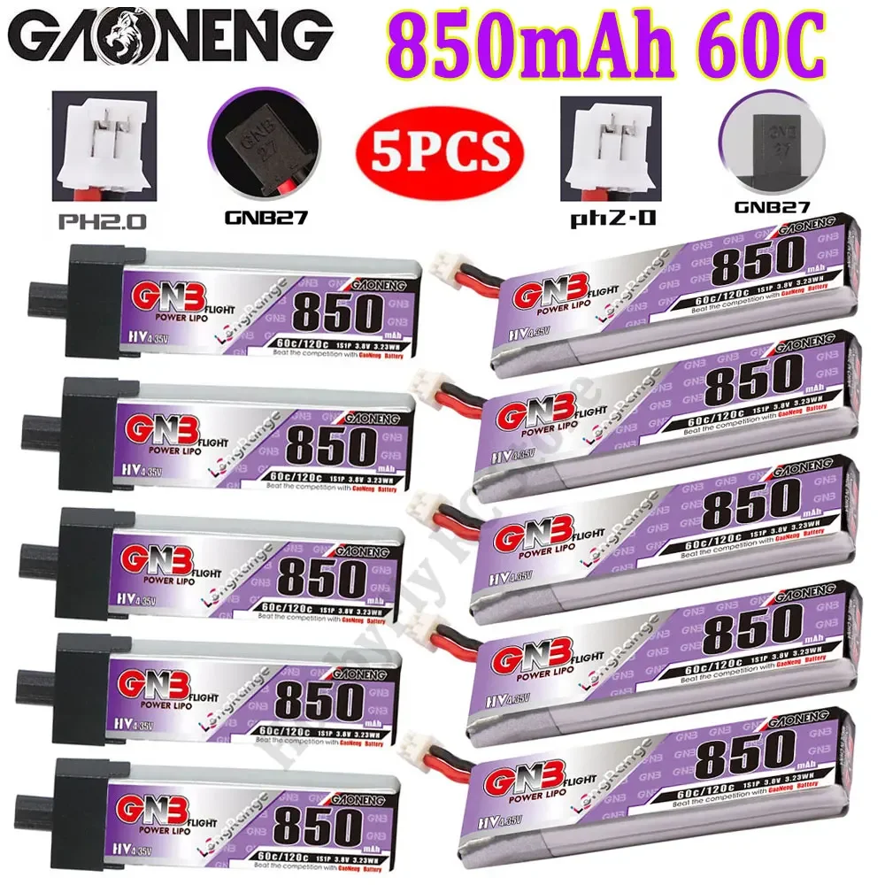 5PCS GAONENG GNB 850mAh 1S1P 3.8V 60C Lipo Battery With PH2.0/GNB27 Plug for for RC Quadcopter Airplane FPV Racing Drone Parts