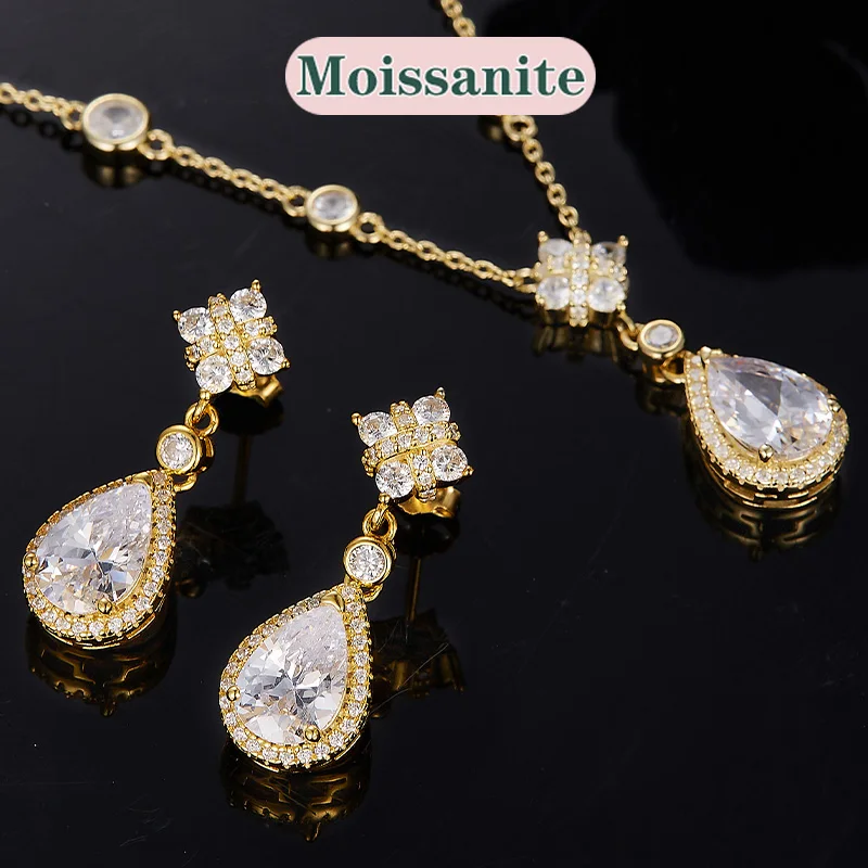 

Real 925 Silver Moissanite Water Drop Jewelry Set 2CT Plating18K Gold Earrings Solitaire Pendant Necklace Set for Women Men Gift