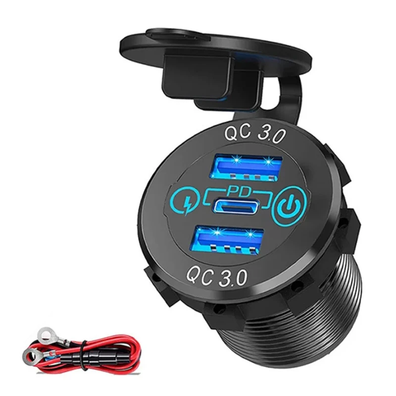 EARU Auto-USB-Ladebuchse, Metall, 60 W, Autozubehör, 12/24 V, USB-Steckdose, PD, USB-C und zwei QC3.0-Anschlüsse, Touch-Schalter für Boot, Marine