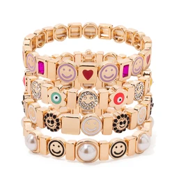 2024 New Fashion Gold Color Enamel Bracelets For Women Happy Face Heart Charm Beaded Hand Accessory