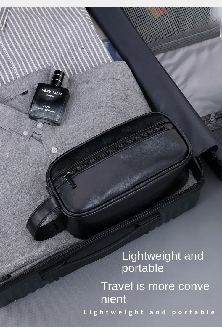 Kulturbeutel aus Leder für Herren, für Reisen, Geschäftsreisen, tragbare Kosmetiktasche, großes Fassungsvermögen, mehrere Taschen, handgehaltener Kulturbeutel aus Leder – Detail 9