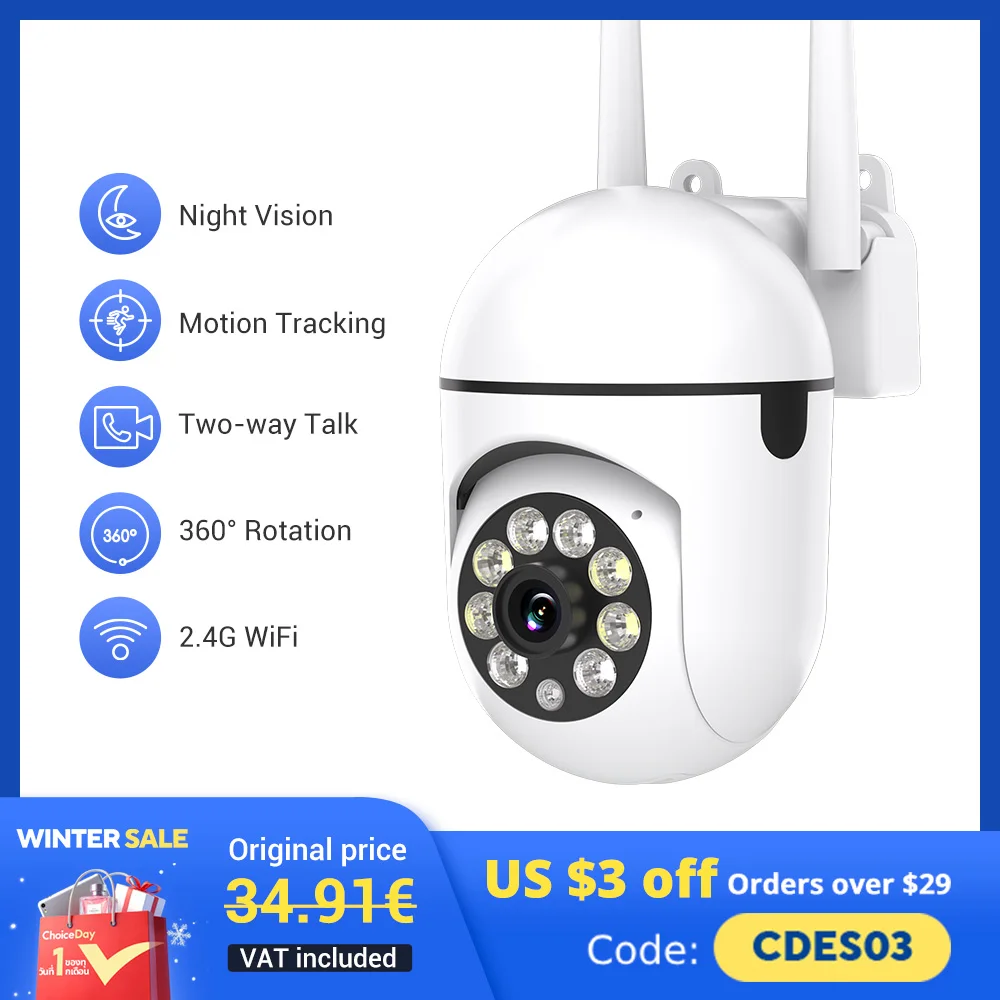 1PC Ease Life APP Wireless 1080P HD Indoor/Outdoor WiFi Security Camera, Color Night Vision, 2-Way Audio, 360° Pan/Tilt/Zoom, Mo