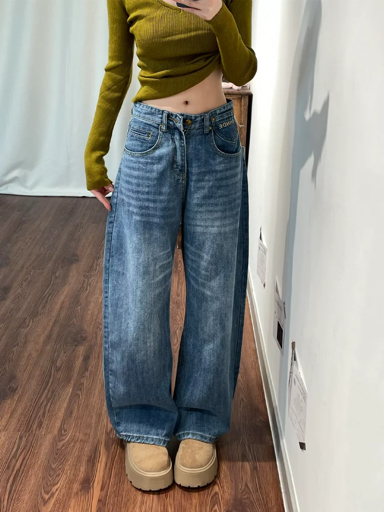 

Loose Fit High Waist Wide Leg Blue Washed Denim Jeans Women's Casual Slimming Lazy Versatile Trousers Large Size