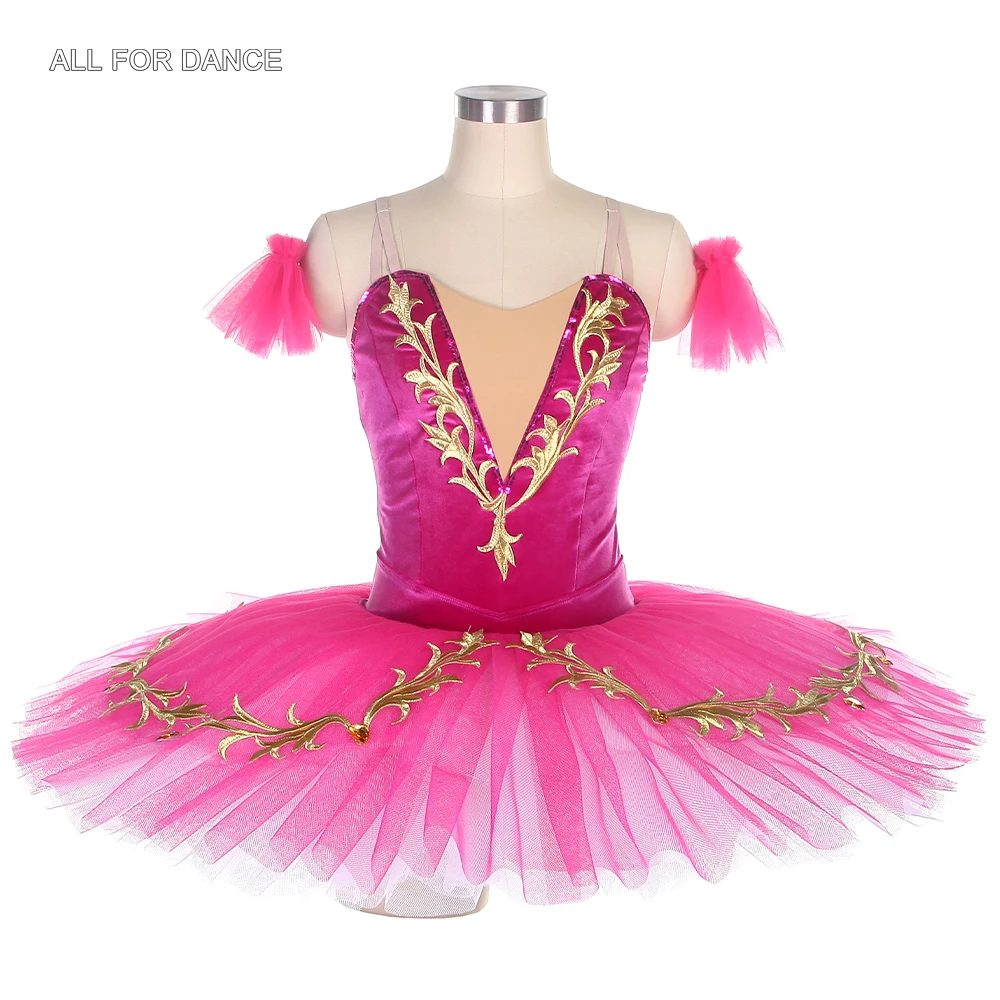 

BLL082 Hot Pink Velvet Bodice Pre-Professional Ballet Dance Tutu with Gold Trim Pleated Tutu Ballerina Costume Pancake Tutus