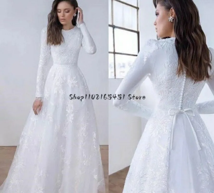 Vestidos De Novia musulmanes De manga larga De encaje, línea A, cuello De Joya, apliques Vintage simples, vestidos De Novia De campo, Vestido De Novia De barrido