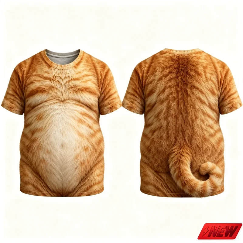 Funny Orange Cat Fake Fur Belly T Shirt Men 3D Print Animal Pattern Crew Neck Tee Summer Casual Novelty Short Sleeve Street Top