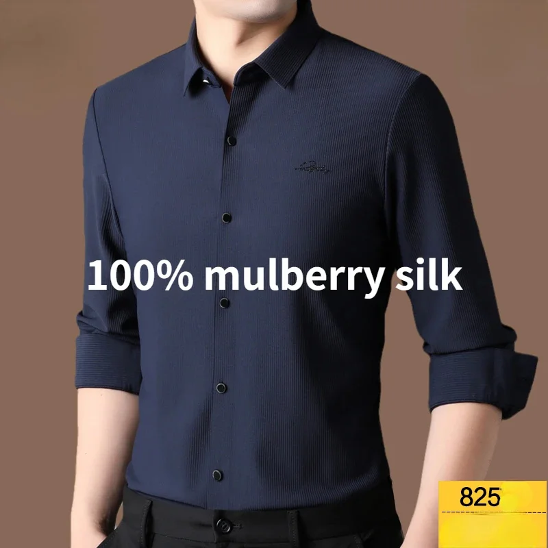 

High-end 100% Mulberry Silk Long Sleeved Shirt Men Wrinkle Resistant Non Iron Business Seamless Shirts for 2024 Indulgence