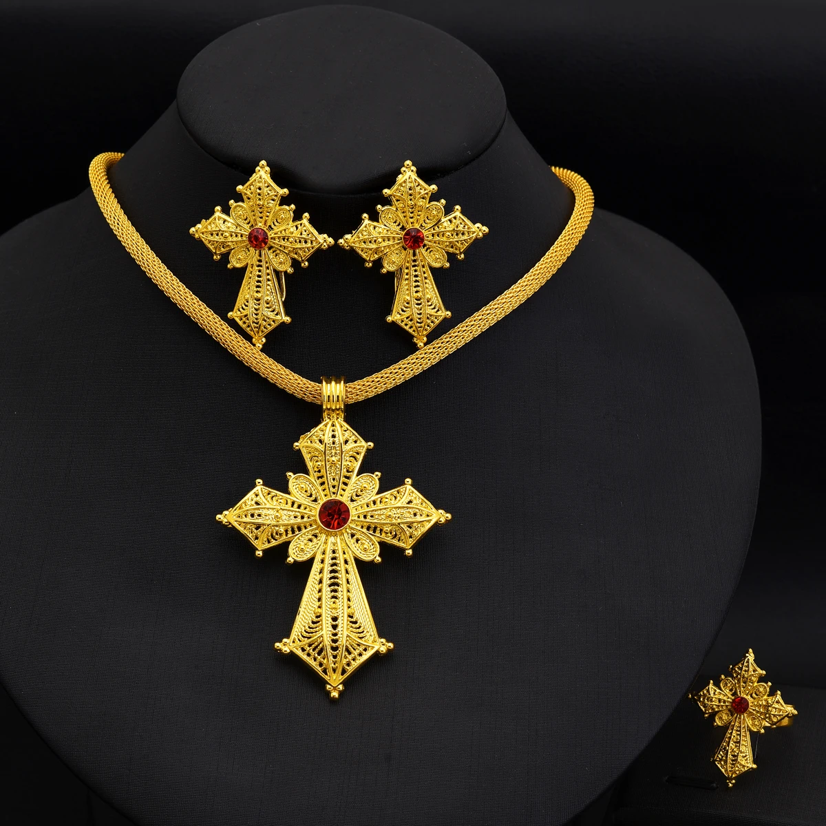 【7 styles】Ethiopian Cross Pendant Chain Earrings Ring 3-Piece Set Women Golden Color Eritrea Traditional African Jewelry