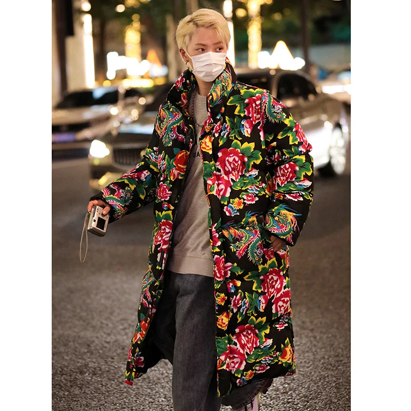 

Man Big Boy's Hooded Floral Printing Harajuku Cool Longer Winter Jacket Trench Stand Collar