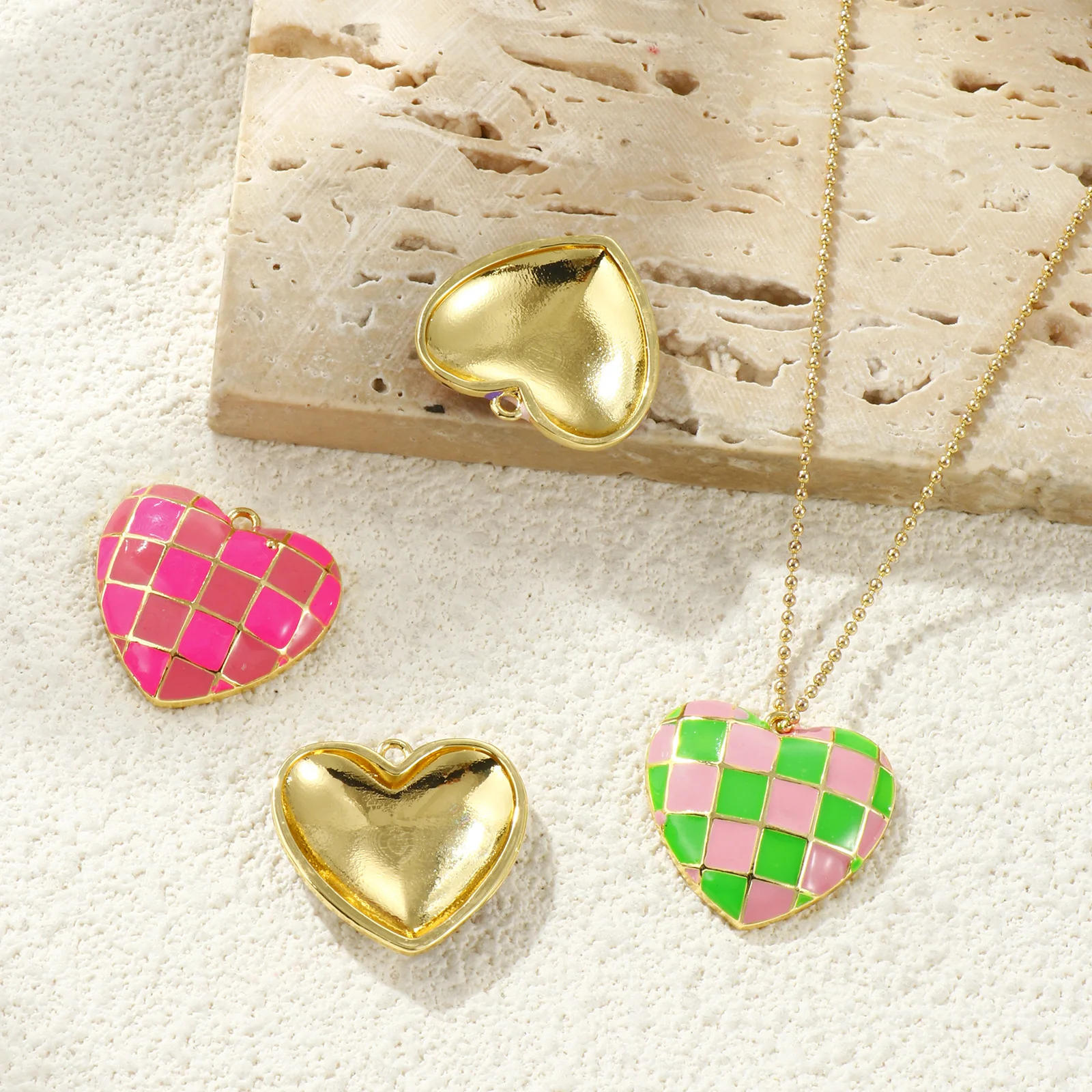 2 Pcs Brass Heart Valentine's Day Charms 18K Gold Plated Enamel Hearts Grid Checker Pendants DIY Necklace Wholesale 22mm x 20mm