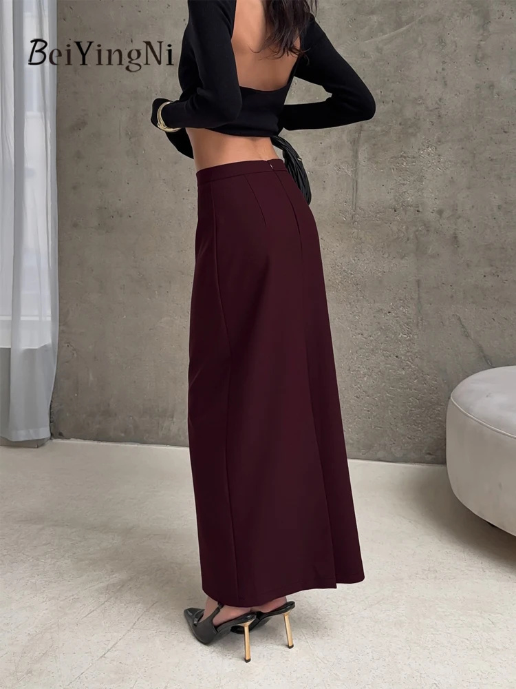 Beiyingni High Street Elegante Dünne Maxi Rock Frauen Einfarbig Casual Französisch Pendeln Braun Büro Damen Lange Röcke Faldas