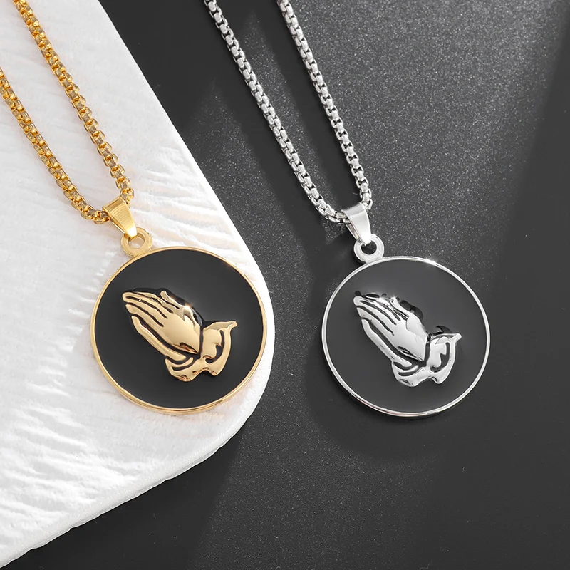 Retro Creative Praying Hands Medal Stainless Steel Pendant Necklace for Men Daily Prayer Lucky Accessories