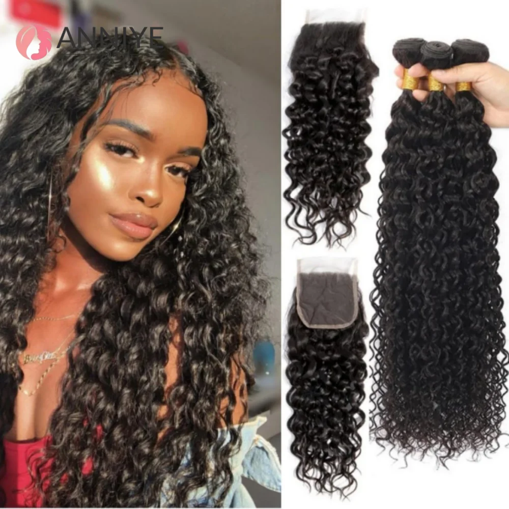 

Волна воды 3 пучка с застежкой 4x4 100% необработанные необработанные человеческие волосы Полные и толстые 3 пучка с кружевной застежкой 4x4 HD 12A