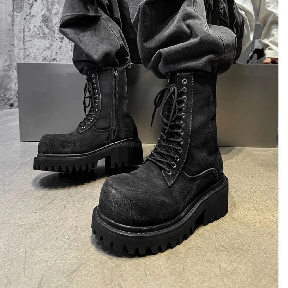 

Big Toe Lace Up High Top Shoes Men's Thick Soled Resistant Denim Boots Parisian Street Motorcycle Boots Thick Heel Casual Shoes