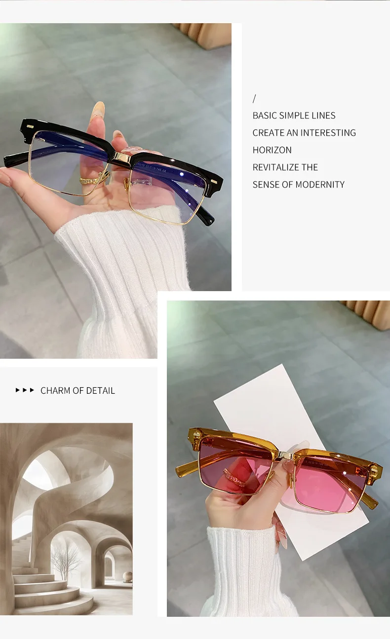 SHAUNA Fashion Nieten Halbrahmen Sonnenbrille UV400 Quadratische Anti-Blaulicht-Brille – Detail 3