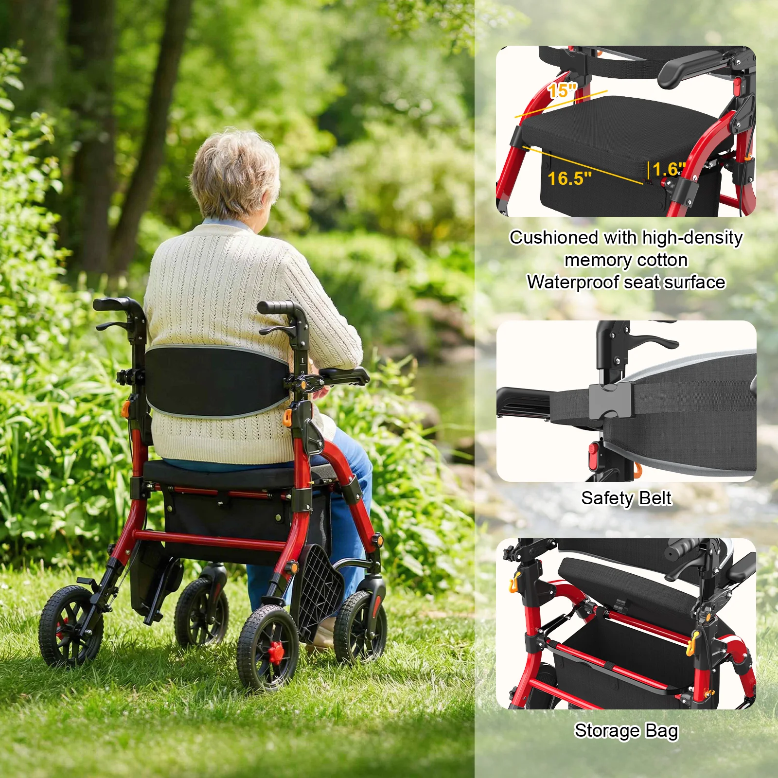 Multifunctional Rollator Walker, 4-Wheel Anti-Slip Transport Chair with Seat and Backrest for Elderly, Mobility Aid