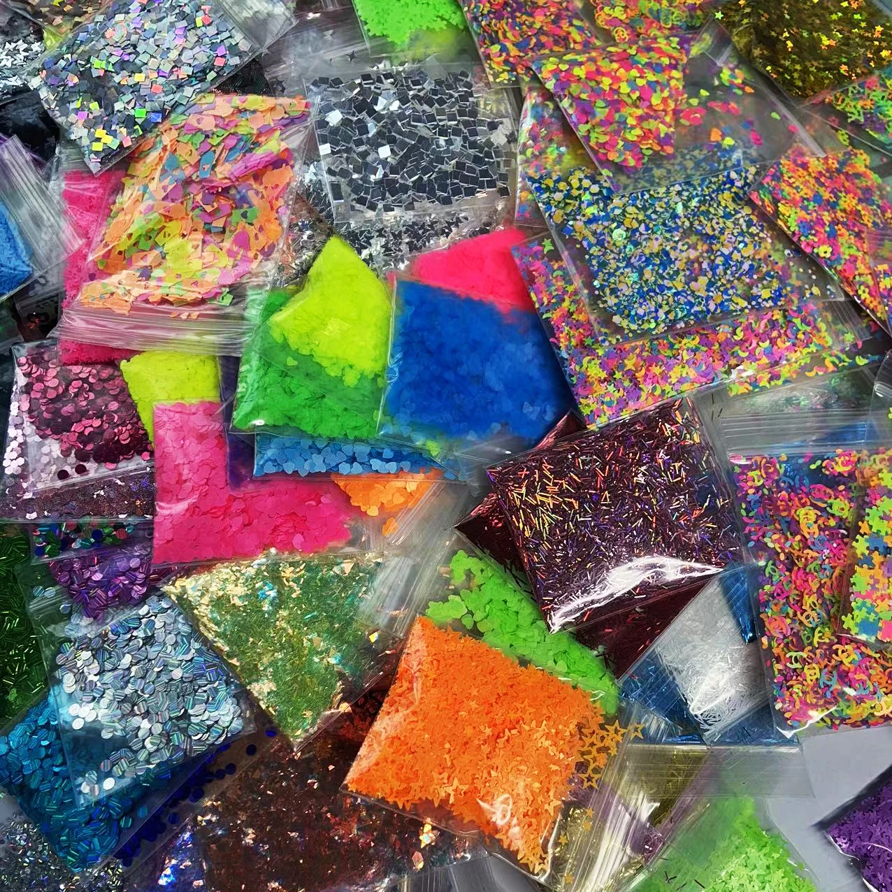 50g/bag Kinds of Shapes Holographic Neon Chunky Irediscent Glitter Flakes Laser Sparkly Sequins Slices Nail Art Decoration