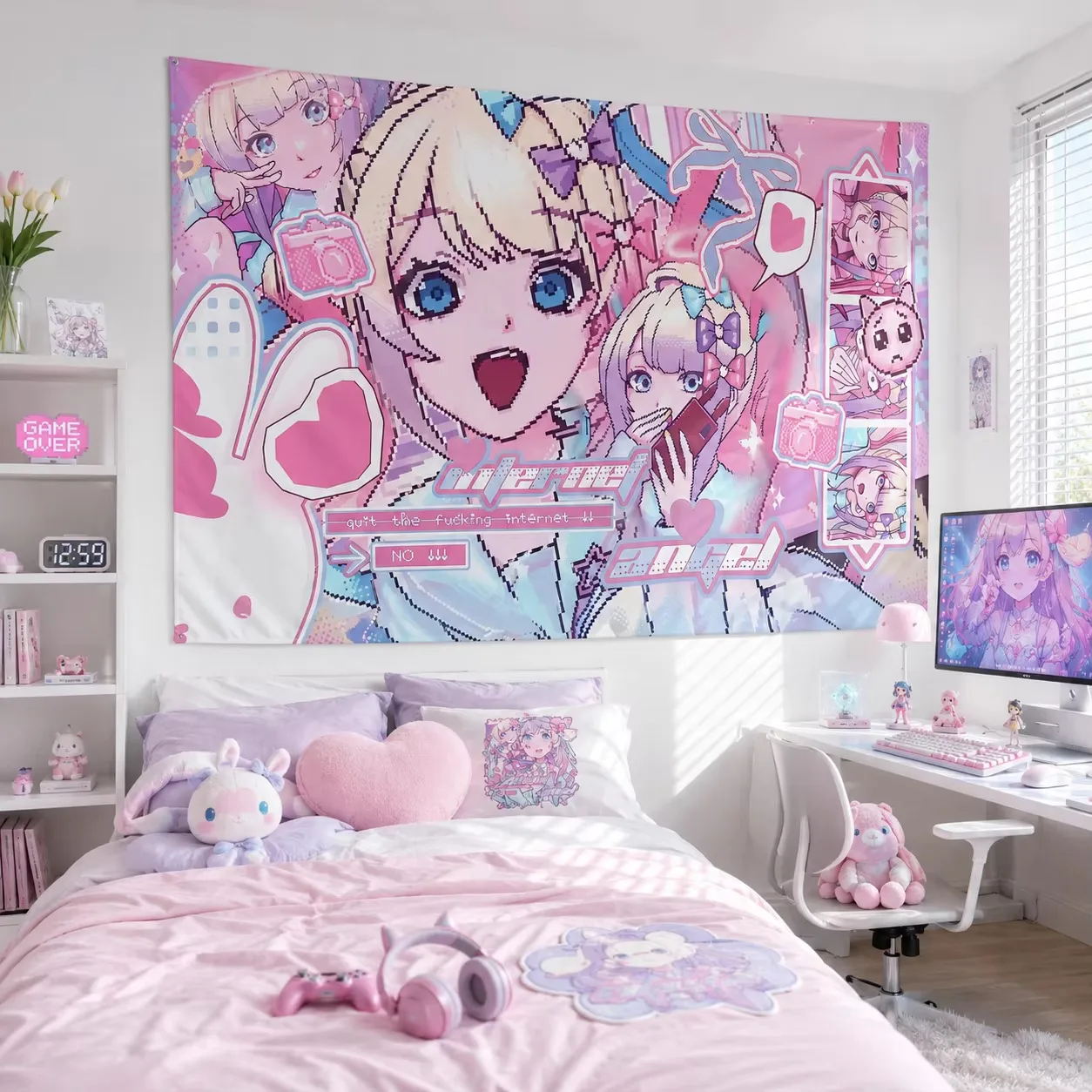 k-KAngel Pastel Aesthetic Tapestry, Pixel Art Y2K Internet Angel Wall Hanging Cute Room Decor for Bedroom Dorm Living Room Gift