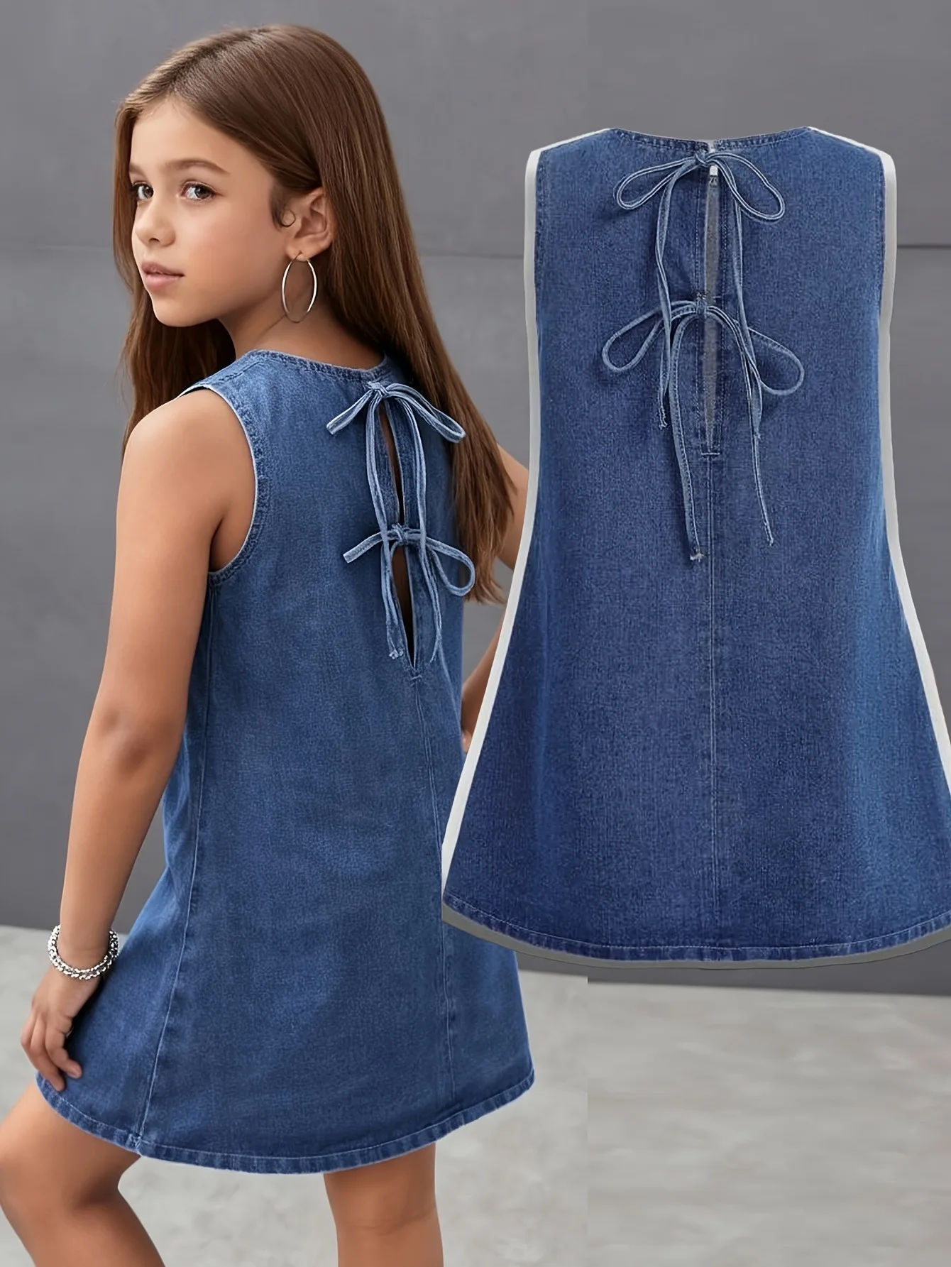 Kids Girls Sleeveless Back Bow Tie Cutout A-Line Denim Dress Summer Casual Daily Outfit