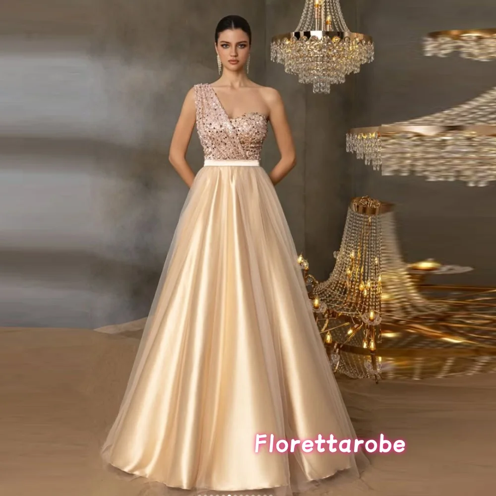 Customized Elegant Sequins A-Line Mother of the Bride Dresses For Women One Shoulder Satin  Floor Length Wedding Guest Gown