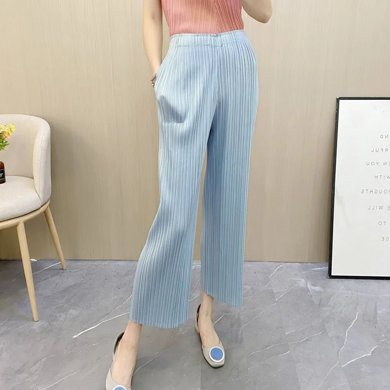 High Waist Wide Leg Pants Women's Casual Trousers Loose Fit Nine Points Drapey Polyester Fiber Folded Design Summer 2024