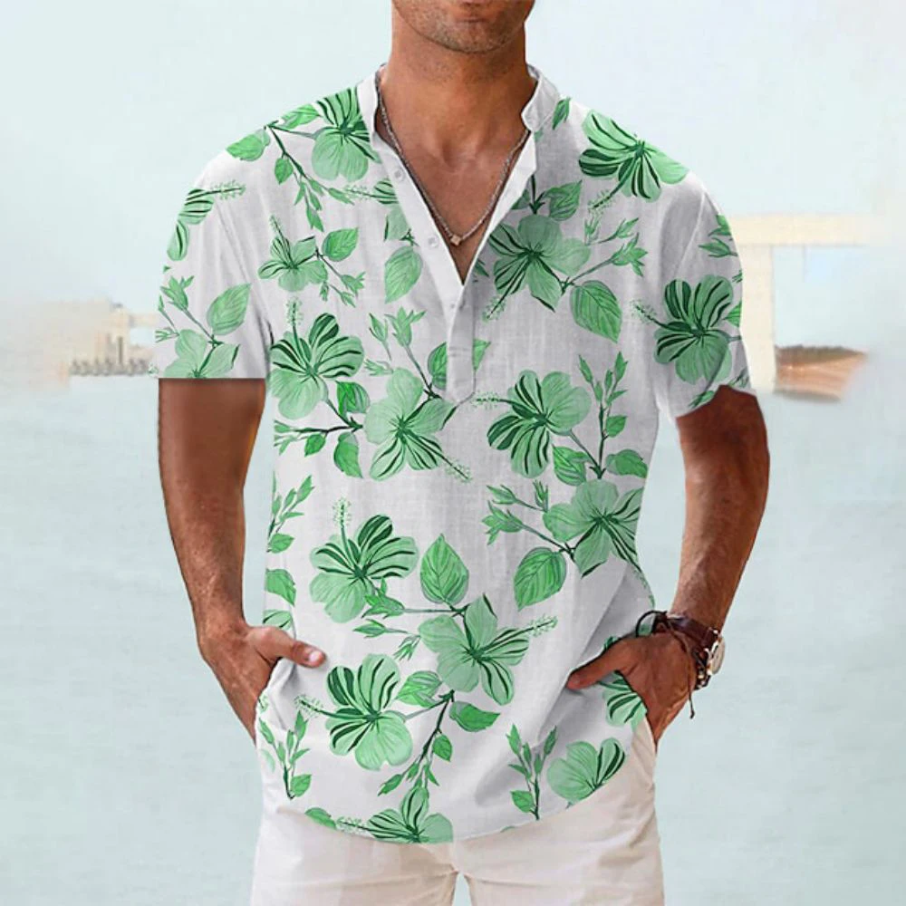 Camiseta Henley Con Estampado 3D De Flores Para Hombre, Camisa De Manga Corta Con Cuello Levantado Y Botones Ropa De Gran Tamaño