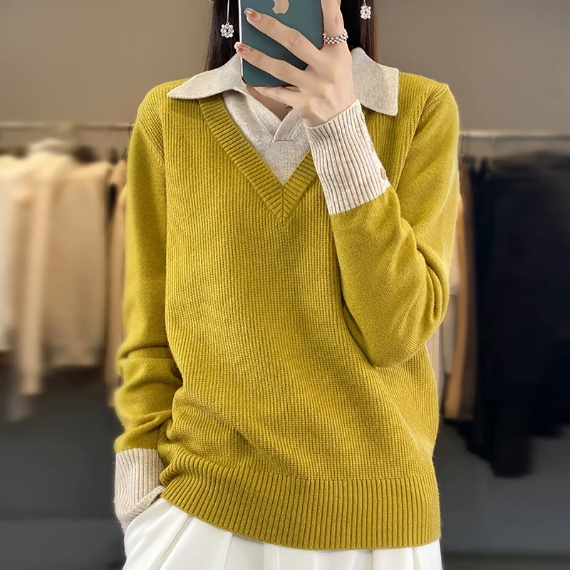 Women Autumn Winter Pure Wool Blend Sweater Polo V-neck Color Blocking Splicing Pullover Female Soft Casual Knitted Basis Top