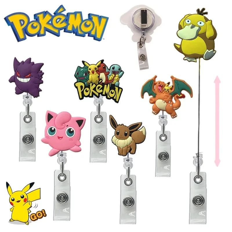 Pokemon Retractable ID Lanyard Cartoon Pikachu Gengar Badge Reel Name Tag Card Holder Clip Easy To Pull Buckle Accessories