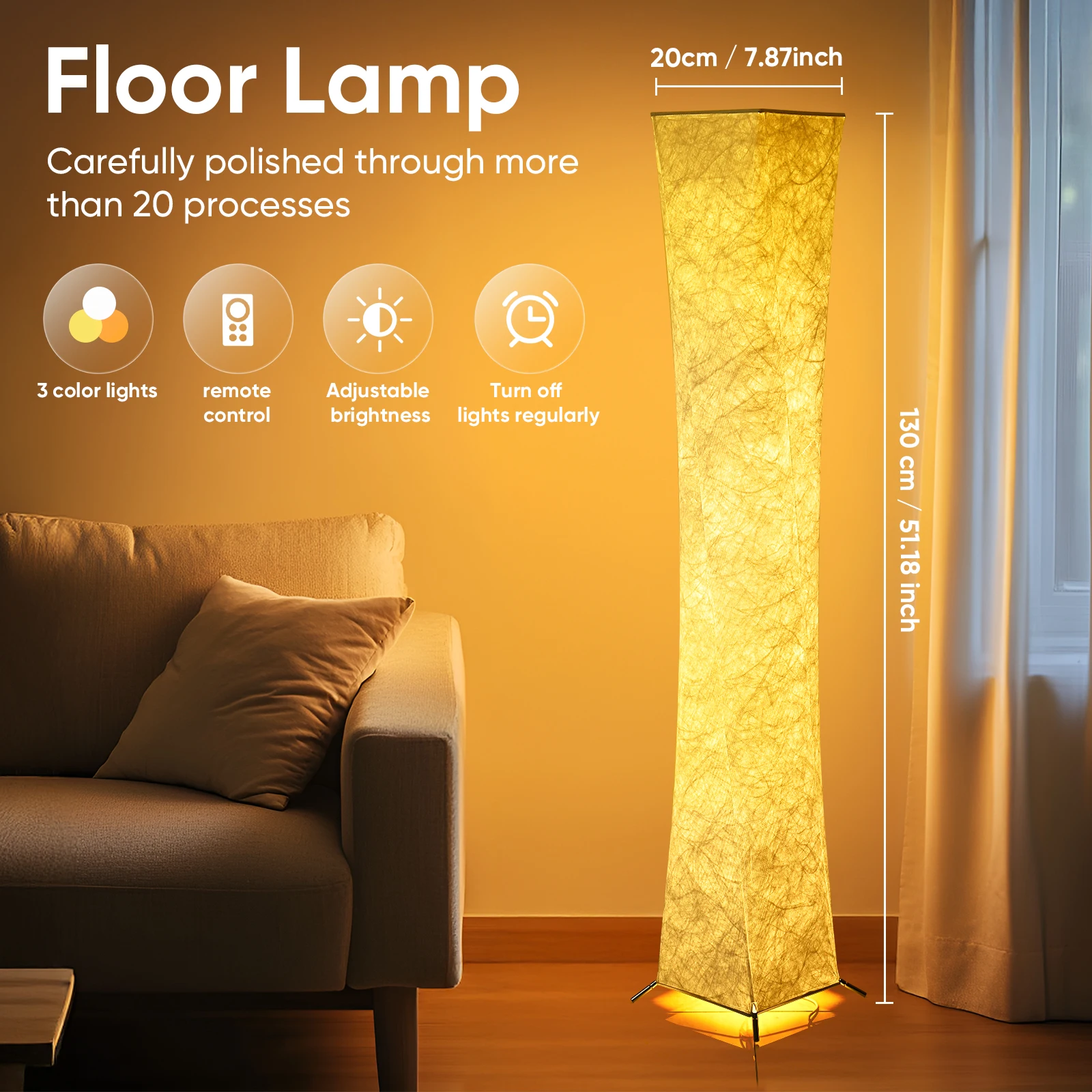 مصباح أرضي خفيف ناعم، 52 بوصة تصميم بسيط حديث ضوء دافئ نحيف 3000K LED Tyvek قماش الظل مصباح قائم لغرفة المعيشة Bedro