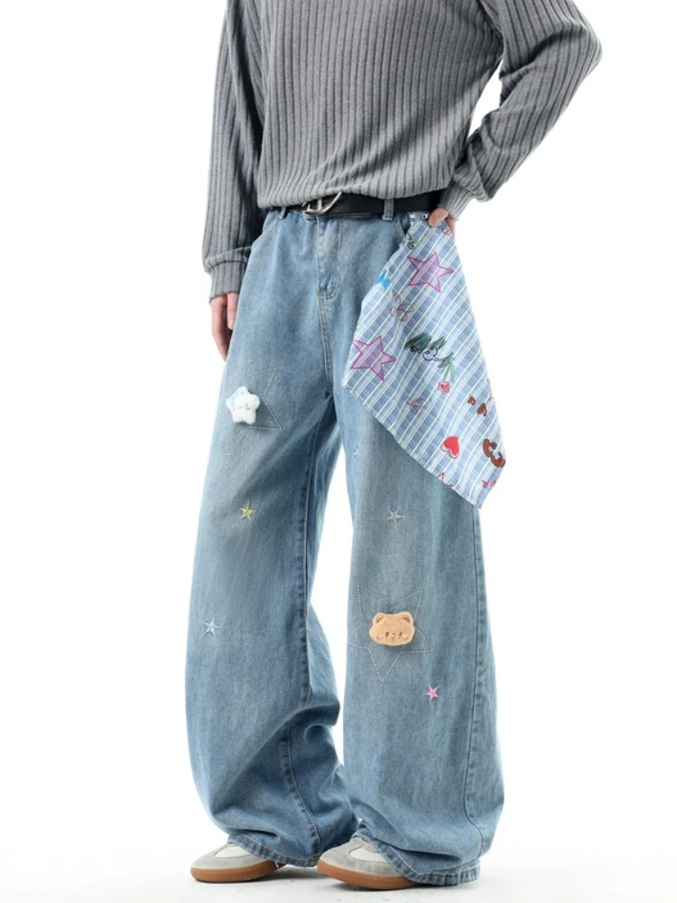 

Новые мужские джинсы Y2K весна 2026: прямые, свободные, широкие, с вышивкой, синие, в стиле бойфренд, дизайнерские