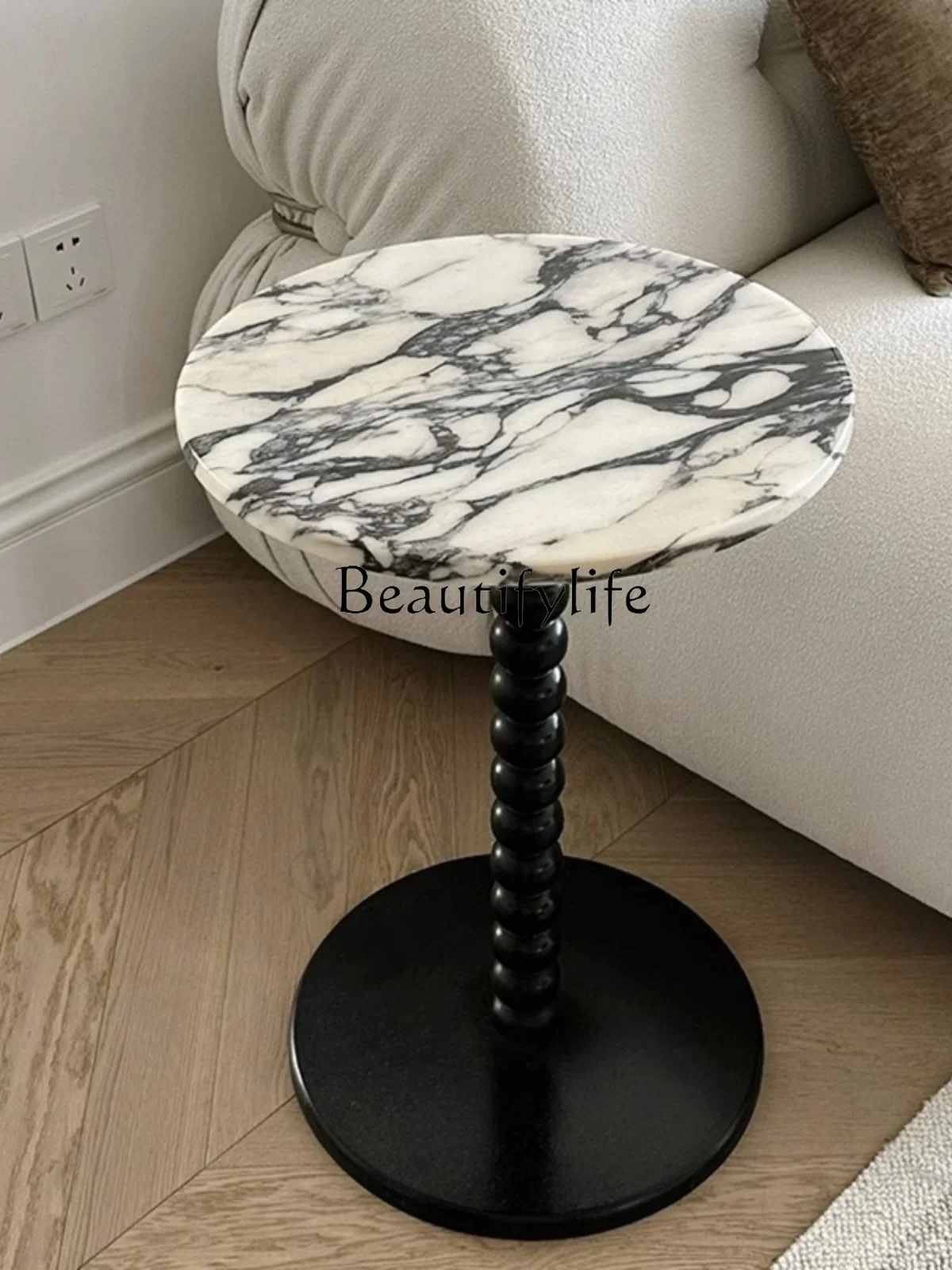 French Marble Side Table Solid Wood Luxury Bedside and Sofa Furniture Small Apartment round Tea Table