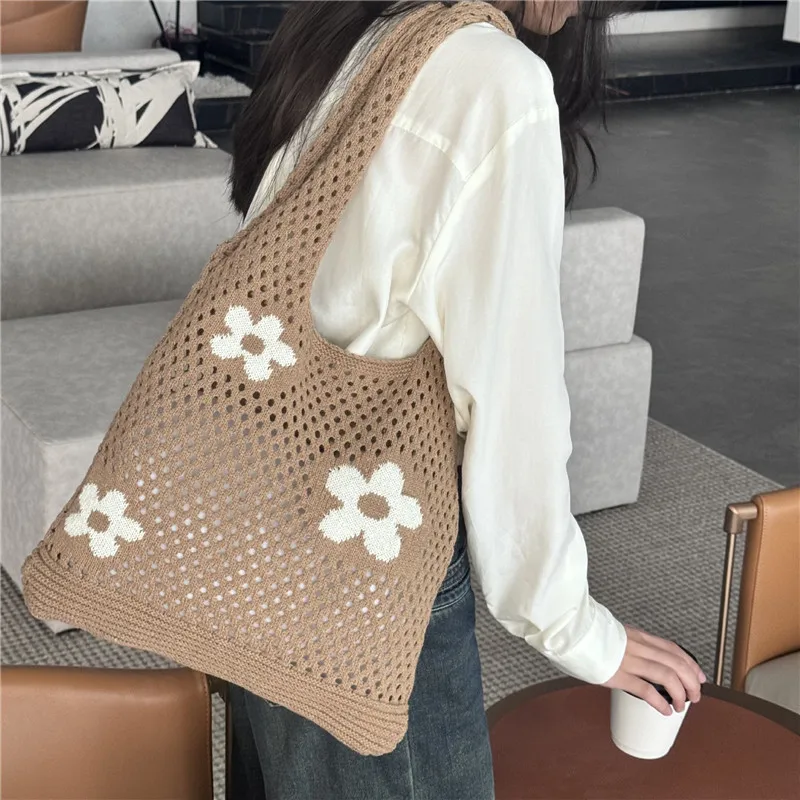 Summer Flower Woven Bag, Mesh Hollow Single Shoulder Bag, Fashion Handbag, Super Cool Women's Knitted Bag ,Travel Beach Bag