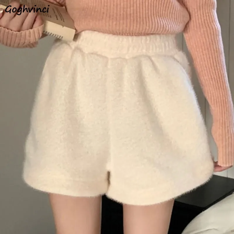 Fluffy Shorts Women Winter A-line High Waist Casual Wide Leg Trousers Ladies Sexy Solid Color Streetwear Fashion Warm Soft Cozy