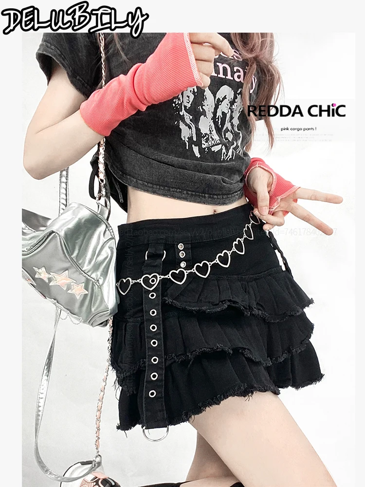 Skirt Y2k Layer Cake Mini Skirt Harajuku Denim Punk Gothic Dark Pleated Women's Skirt Cutecore Faldas Traf Faldas Para Mujeres