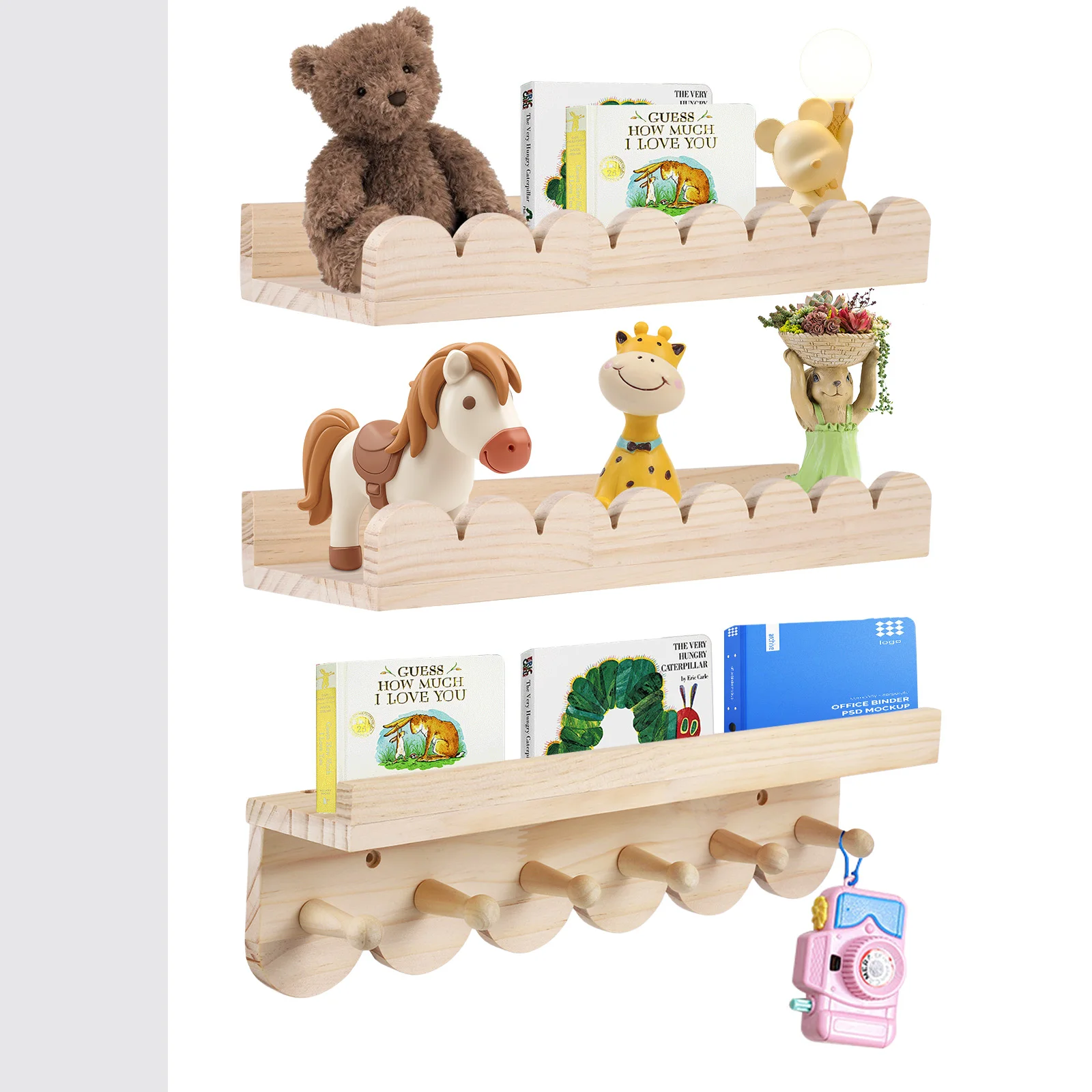 Estantes de Livros Infantis 3 Peças, Prateleiras de Parede de 40cm, Prateleira Flutuante Montessori para Livros e Brinquedos das Crianças