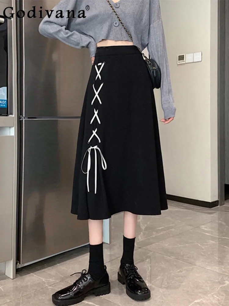 

Large Size L-4XL Korean Girl Autumn Winter High Waist New Black Skirt Elegant Lace-up A-line Long Versatile Solid Color Skirts