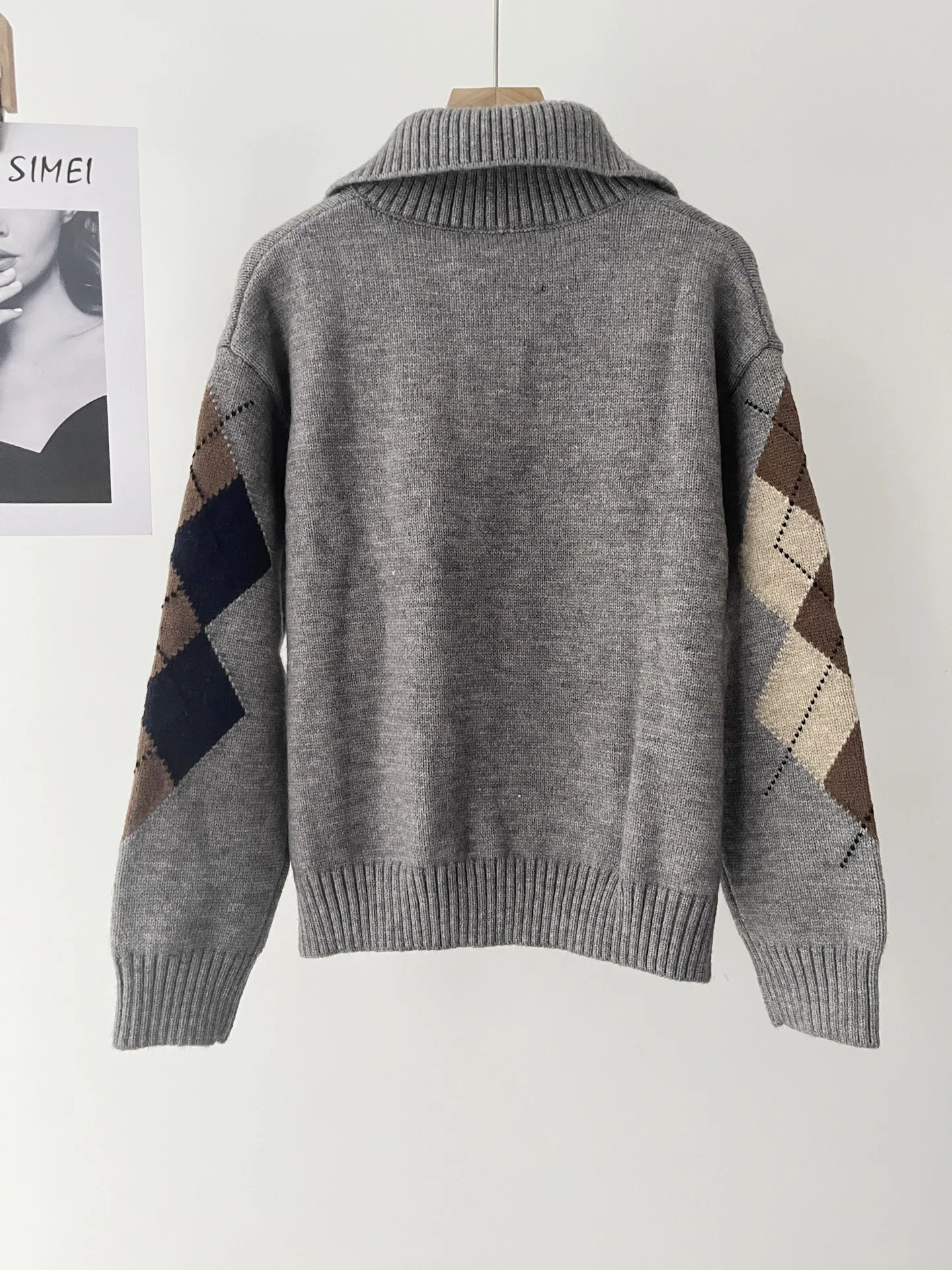 College style retro color matching rhombus lapel pullover temperament sweater women's autumn 67b-1732