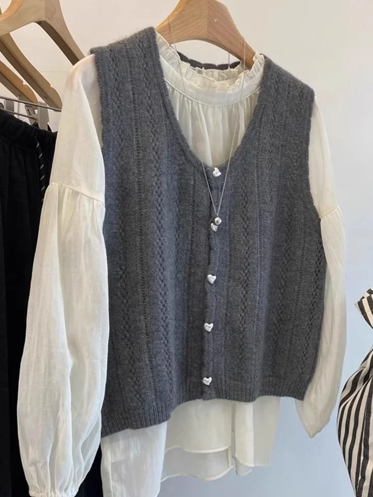 Sweet Anti-Aging Korean Style Heart Button Layered Knitted Vest Comfortable Versatile Shoulder Pad Vest Gentle Temperament