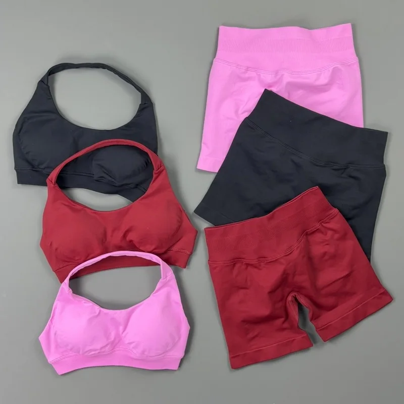 2 Pieces Histello Sports Set Women Seamless Padded Crop Top High Waist Ruched Booty Shorts Stretch Gym Pilates Workout Outfit