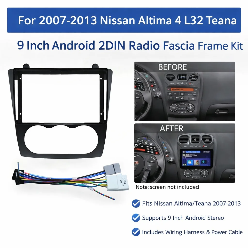 For Nissan Altima 4 L32 Teana 2007-2013 9 Inch 2DIN Car Radio Fascia Frame Panel With Harness Power Cable