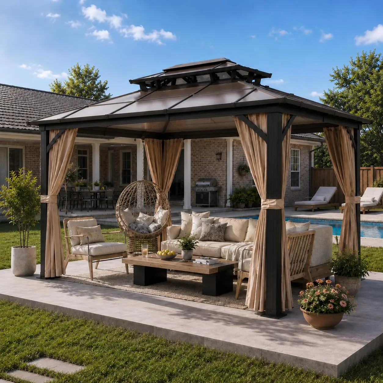 10' x 13' Gazebo Polycarbonate Double Roof Canopy Outdoor Aluminum Frame Pergola, Permanent Pavilion with Netting, Customized