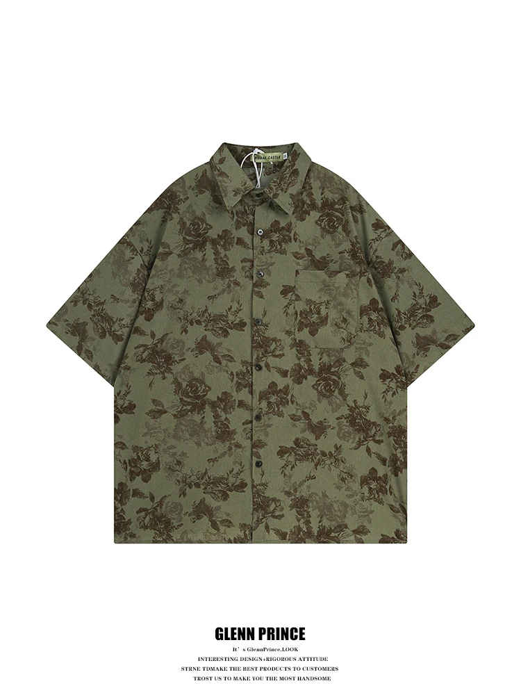 

GPstudio Vintage Floral Shirt Short Sleeve Men's Summer Fashion Resale Baroque Style Printed Casual Loose Fit Youthful Trend