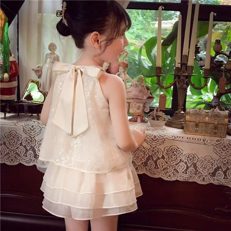 

Girls' Princess Set Summer 2025 New Style Children's Mesh Tank Top Shorts Two-piece Set Kids Clothing