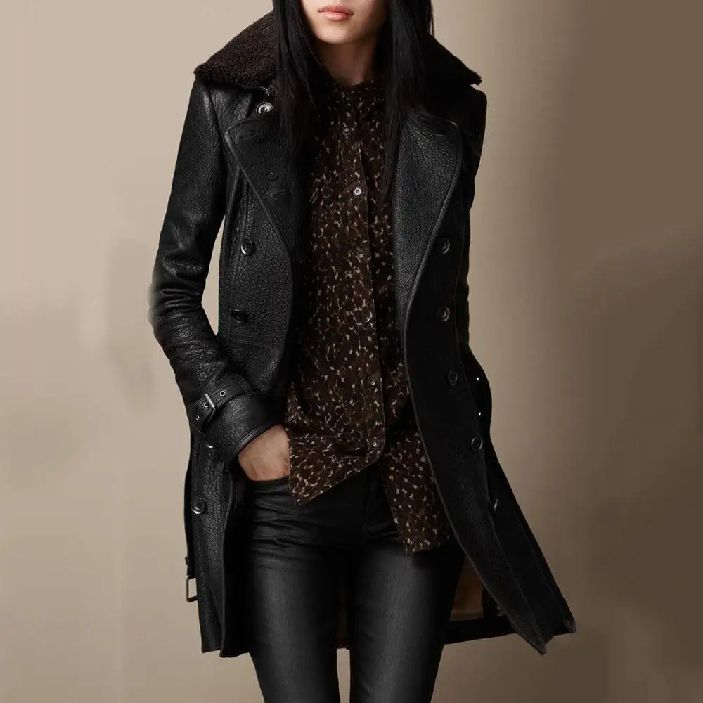 2024 New Black High Grade Leather Jacket Women Spring Autumn Slim British Fur Collar Outerwear Classic Moto Locomotives Jacket