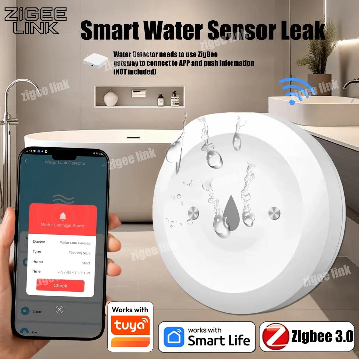 Smart Water Leak Sensor For Tuya ZigBee 3.0 Flood Leakage Sensor Alarm APP Remote Monitoring Flood Overflow for Kitchen Bathroom