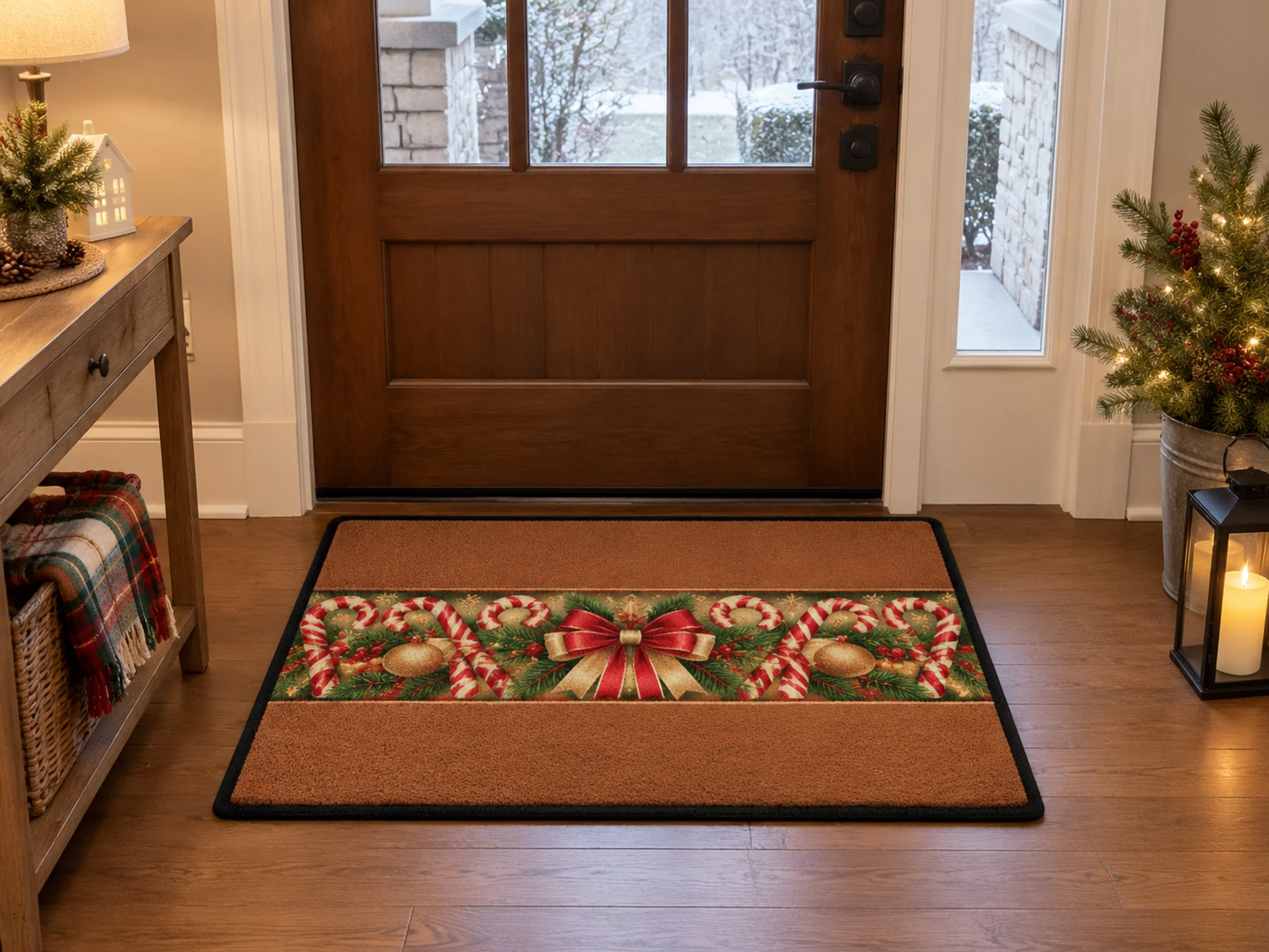 VIKAMA Christmas Amber Brown Candy Cane Flannel Door Mat, Non-Slip Entryway Door Mat, Xmas Decor for Mudroom, Farmhouse